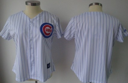 Women's Chicago Cubs Customized White With Blue Pinstripe Jersey