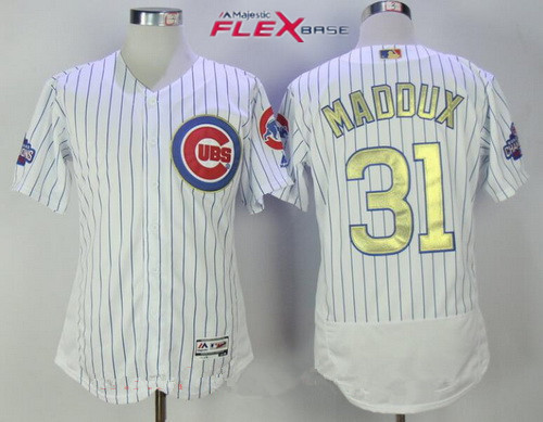 Men's Chicago Cubs #31 Greg Maddux White World Series Champions Gold Stitched MLB Majestic 2017 Flex Base Jersey