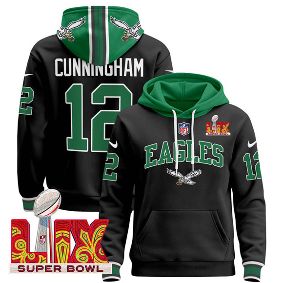 Men's Philadelphia Eagles #12 Randall Cunningham Black 2025 Super Bowl LIX Patch Pullover Stitched Hoodie