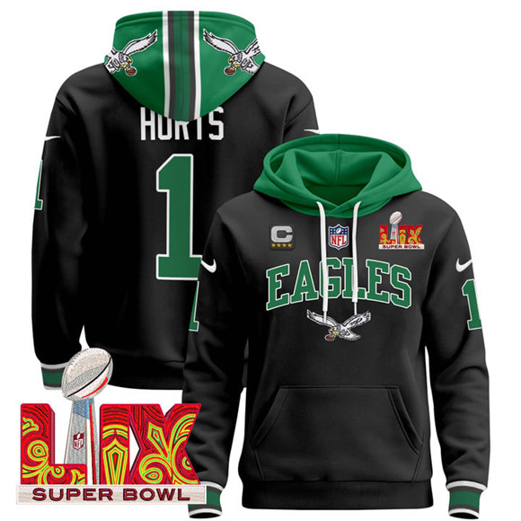Men's Philadelphia Eagles #1 Jalen Hurts Black 2025 Super Bowl LIX With 4-Star C Patch Pullover Stitched Hoodie