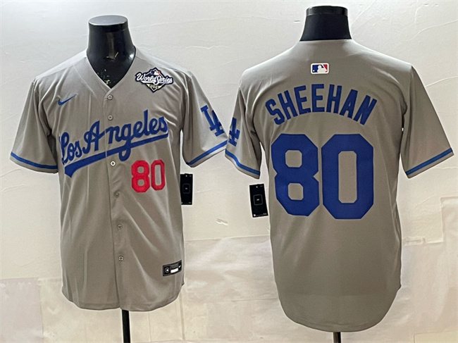 Men's Los Angeles Dodgers #80 Emmet Sheehan Grey 2025 World Series Patch Limited Stitched Baseball Jersey