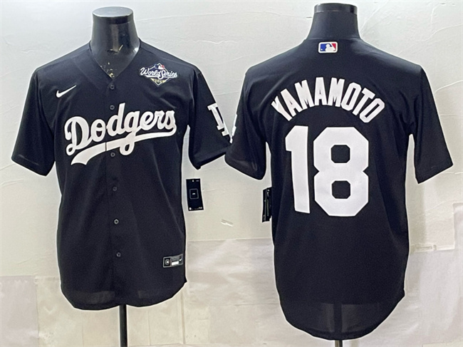 Men's Los Angeles Dodgers #18 Yoshinobu Yamamoto Black 2025 World Series Patch Cool Base Stitched Baseball Jersey