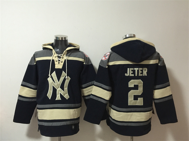 Men's New York Yankees #2 Derek Jeter Navy Ageless Must-Have Lace-Up Pullover Hoodie
