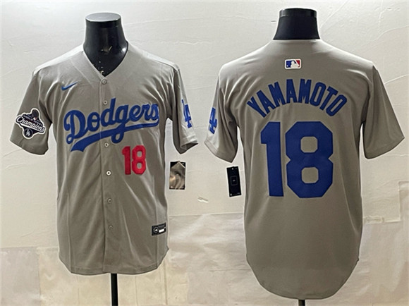 Men's Los Angeles Dodgers #18 Yoshinobu Yamamoto Gray 2025 World Series Champions Patch Stitched Baseball Jersey