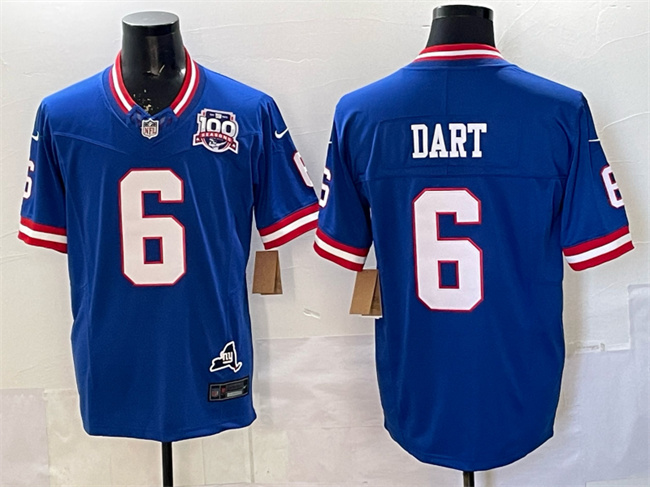 Men's New York Giants #6 Jaxson Dart Royal 2025 Draft F.U.S.E. 100th Season & State Patch Vapor Limited Football Stitched Jersey