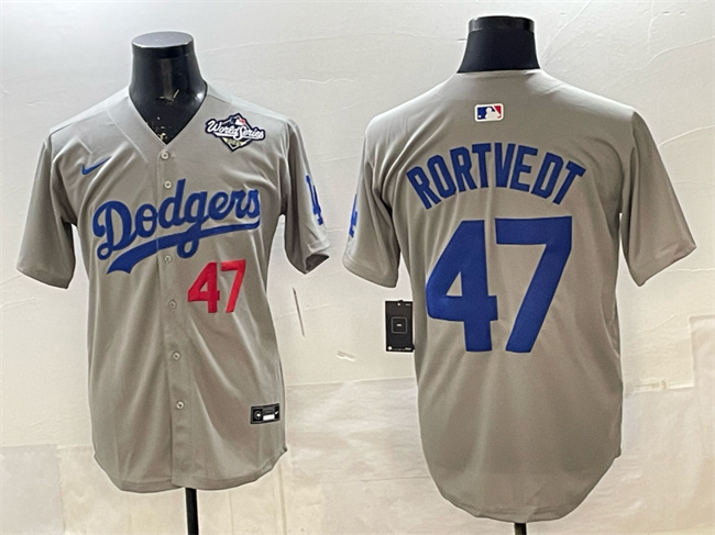 Men's Los Angeles Dodgers #47 Ben Rortvedt Gray 2025 World Series Patch Limited Stitched Baseball Jersey