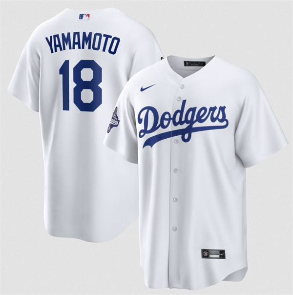 Men's Los Angeles Dodgers #18 Yoshinobu Yamamoto White 2025 World Series Champions Stitched Baseball Jersey