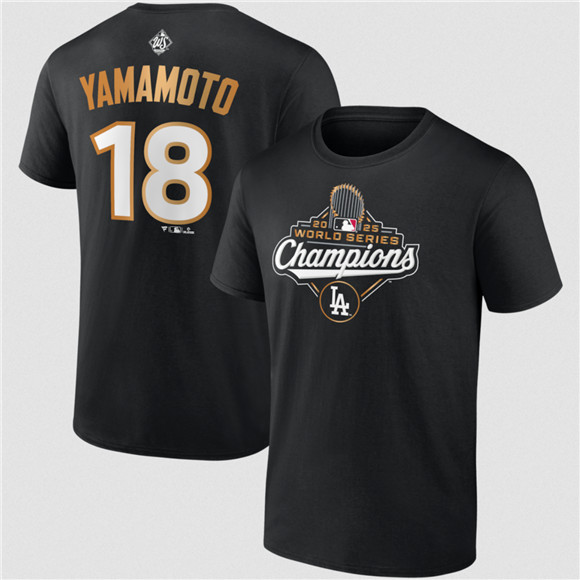 Men's Los Angeles Dodgers #18 Yoshinobu Yamamoto Black 2025 World Series Champions Name & Number T-Shirt