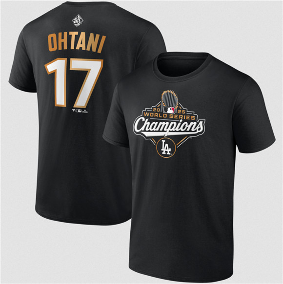 Men's Los Angeles Dodgers #17 Shohei Ohtani Black 2025 World Series Champions Name & Number T-Shirt