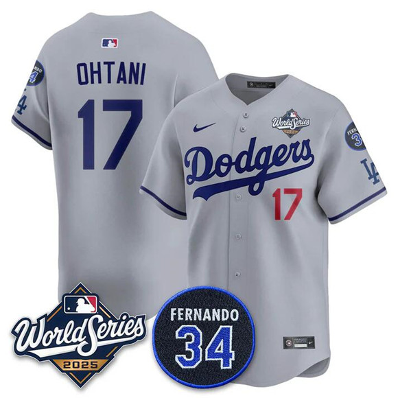 Men's Los Angeles Dodgers #17 Shohei Ohtani Gray 2025 World Series With No. 34 Patch Limited Stitched Jersey