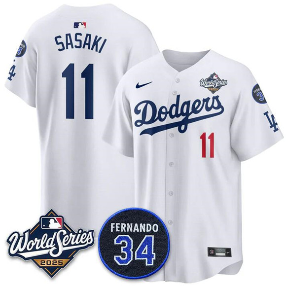Men's Los Angeles Dodgers #11 Rōki Sasaki White 2025 World Series With No. 34 Patch Limited Stitched Jersey