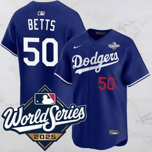 Men's Los Angeles Dodgers #50 Mookie Betts Blue 2025 World Series Vapor Limited Stitched Jersey