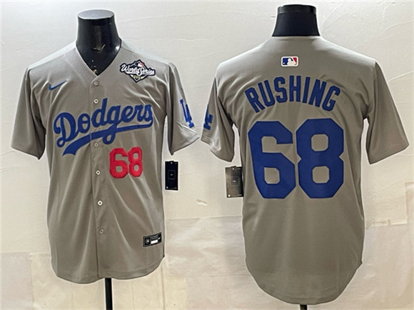 Men's Los Angeles Dodgers #68 Dalton Rushing Gray 2025 World Series Patch Limited Stitched Baseball Jersey