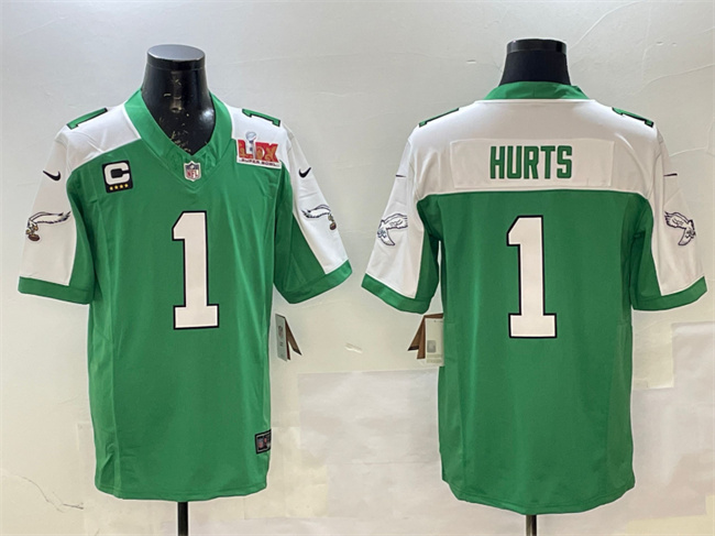 Men's Philadelphia Eagles #1 Jalen Hurts Green White 2025 Super Bowl LIX Patch And 4-Star C Patch F.U.S.E. Vapor Untouchable Limited Football Stitched Jersey