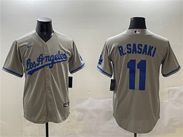 Mens Los Angeles Dodgers #11 Roki Sasaki Gray Cool Base Stitched Baseball Jersey