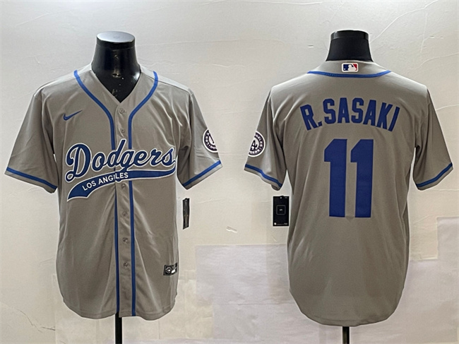 Men's Los Angeles Dodgers #11 Roki Sasaki Gray With Patch Cool Base Stitched Baseball Jersey