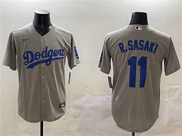 Men's Los Angeles Dodgers #11 Roki Sasaki Gray Cool Base Stitched Baseball Jersey