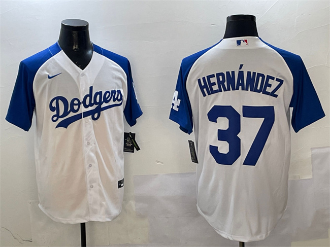 Men's Los Angeles Dodgers #37 Teoscar Hernandez White Blue Cool Base Stitched Baseball Jersey