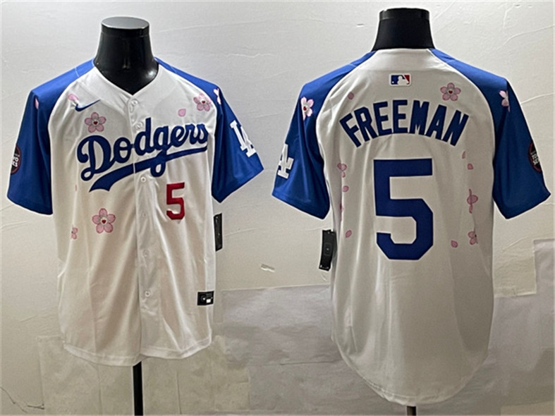 Men's Los Angeles Dodgers #5 Freddie Freeman White Royal 2025 Tokyo Series Limited Stitched Baseball Jersey