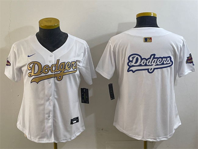 Womens Los Angeles Dodgers Team Big Logo White 2025 Gold Collection Limited Stitched Baseball Jersey(Run Small)