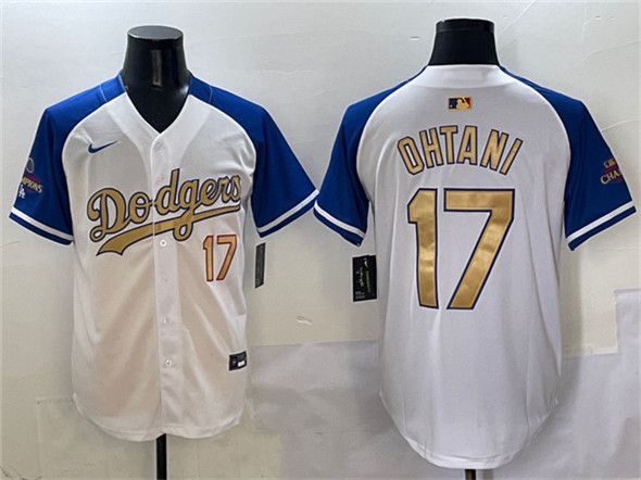 Men's Los Angeles Dodgers #17 Shohei Ohtani White Royal Gold 2024 World Series Champions Vapor Limited Stitched Baseball Jersey
