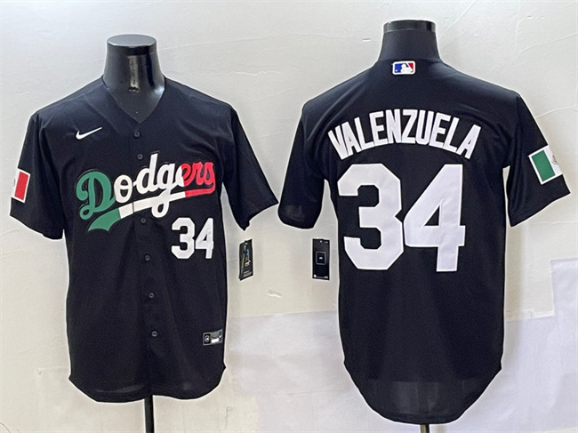 Men's Los Angeles Dodgers #34 Fernando Valenzuela Black Mexico Flag Cool Base Stitched Baseball Jersey