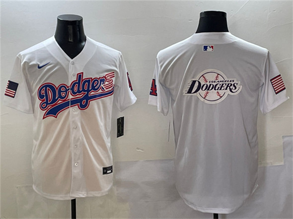 Men's Los Angeles Dodgers Team Big Logo White With American Flag Patch Limited Stitched Baseball Jersey