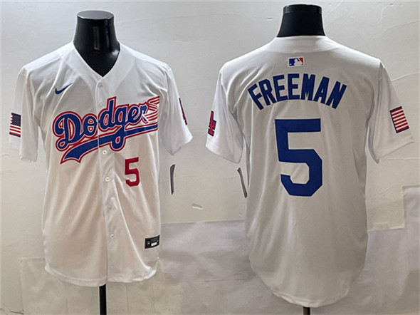 Men's Los Angeles Dodgers #5 Freddie Freeman White With American Flag Patch Limited Stitched Baseball Jersey