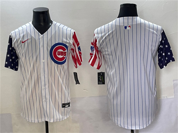 Men's Chicago Cubs Blank White Pinstripe 2025 Independence Day Vapor Premier Limited Stitched Baseball Jersey