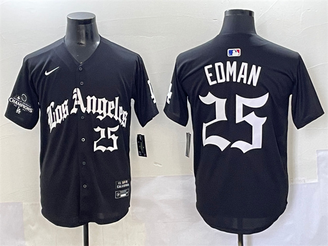 Men's Los Angeles Dodgers #25 Tommy Edman Black Mexico 2025 LA Gothic Style With 2024 World Series Champions Patch Vapor Premier Limited Stitched Baseball Jersey