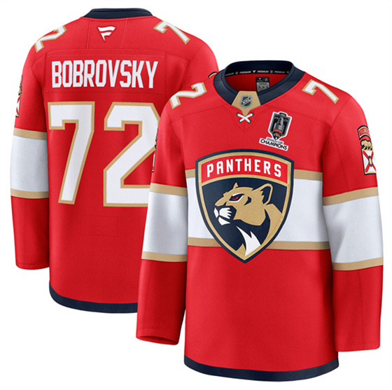 Men's Florida Panthers #72 Sergei Bobrovsky Red Home 2025 Stanley Cup Champions Patch Stitched Hockey Jersey