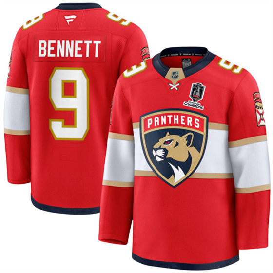 Men's Florida Panthers #9 Sam Bennett Red Home 2025 Stanley Cup Champions Patch Stitched Hockey Jersey