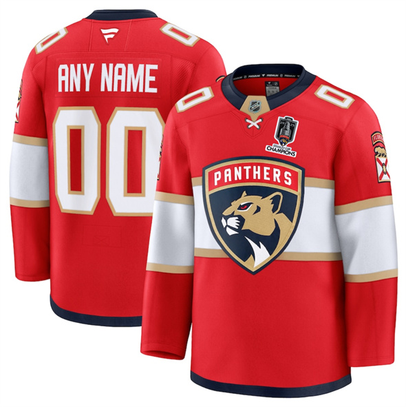 Men's Florida Panthers Custom Red Home 2025 Stanley Cup Champions Patch Stitched Jersey