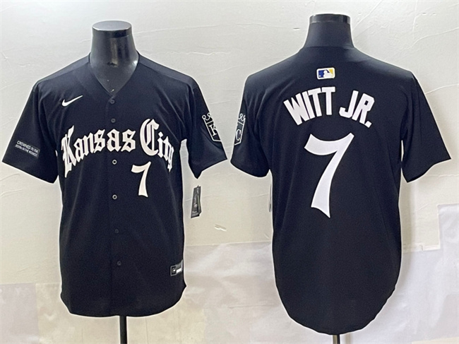 Men's Kansas City Royals #7 Bobby Witt Jr. Black 'Gothic Crown Edition' Vapor Premier Limited Stitched Baseball Jersey