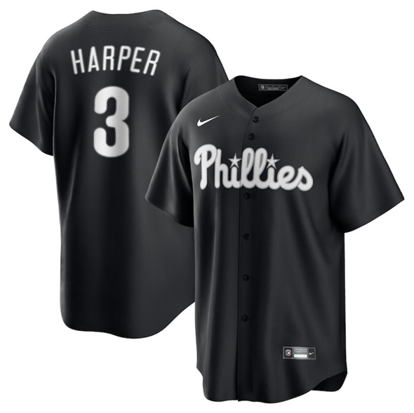Men's Philadelphia Phillies #3 Bryce Harper Black Lights Out Limited Stitched Baseball Jersey