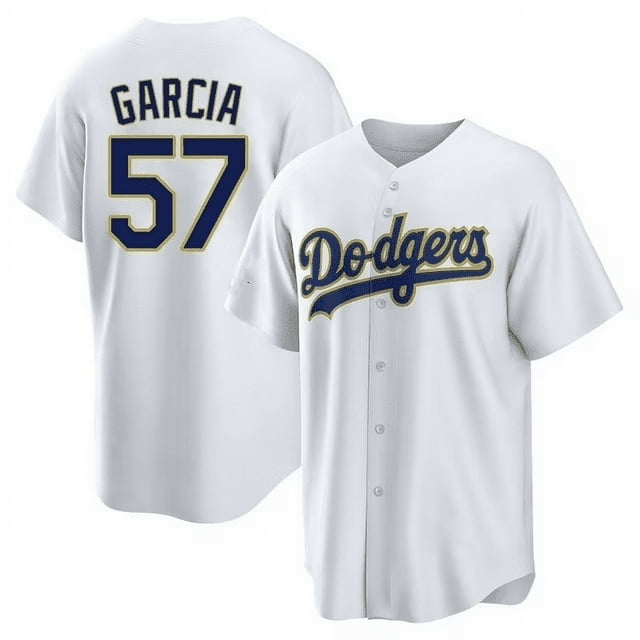Men's Los Angeles Dodgers #57 Luis Garcia White Gold Cool Base Stitched Baseball Jersey