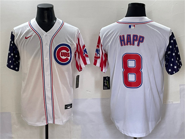 Men's Chicago Cubs #8 Ian Happ White 2025 Independence Day Vapor Premier Limited Stitched Baseball Jersey