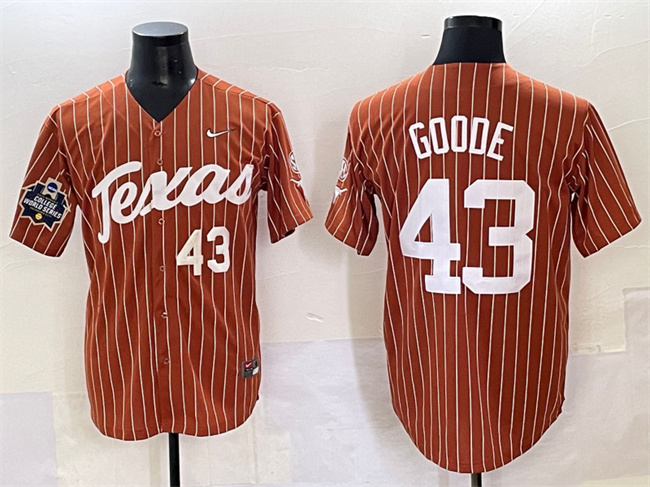 Men's Texas Longhorns #43 Leighann Goode Orange Pinstripe 2025 World Series & SEC Patch Stitched Jersey