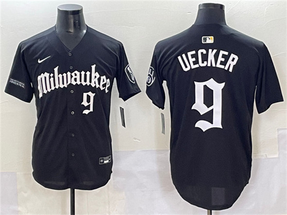Men's Milwaukee Brewers #9 Bob Uecker Black 'Gothic 414 Shadows Edition' Vapor Premier Limited Stitched Jersey