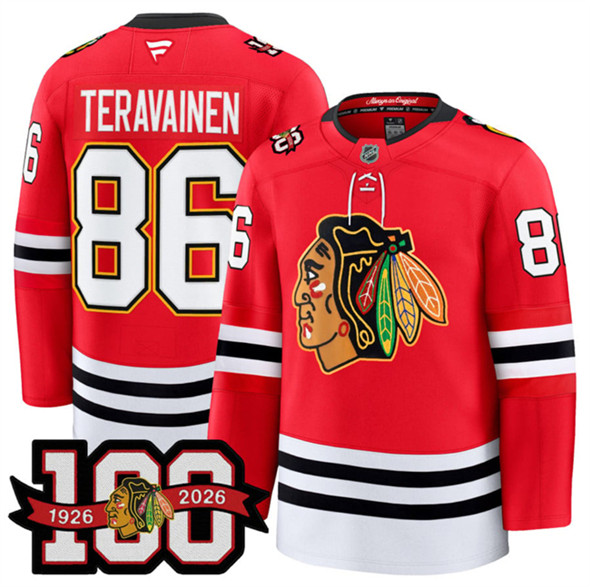 Men's Chicago Blackhawks #86 Teuvo Teravainen Red 2025 Home 100th Anniversary Stitched Hockey Jersey