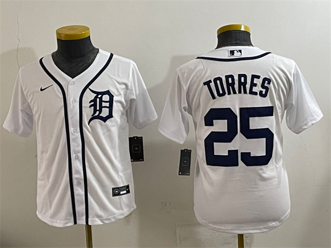 Youth Detroit Tigers #25 Gleyber Torres White Cool Base Stitched Baseball Jersey
