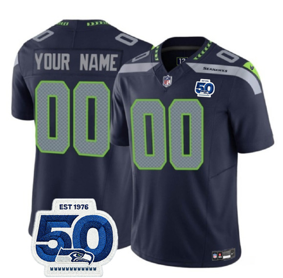 Men's Seattle Seahawks Active Player Custom Navy 2025 F.U.S.E. 50th Anniversary Patch Vapor Limited Stitched Jersey
