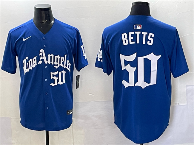 Men's Los Angeles Dodgers #50 Mookie Betts Blue 2025 LA Gothic Style With Fernando Patch Vapor Premier Limited Stitched Baseball Jersey