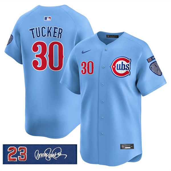 Men's Chicago Cubs #30 Kyle Tucker Blue 'Ryne Sandberg Tribute' Vapor Limited V3 Stitched Baseball Jersey