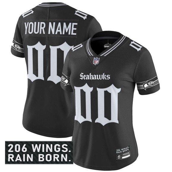 Women's Seattle Seahawks Active Player Custom Black 2025 F.U.S.E. 'Gothic Rain City Shadows Edition' Vapor Untouchable Limited Football Stitched Jersey