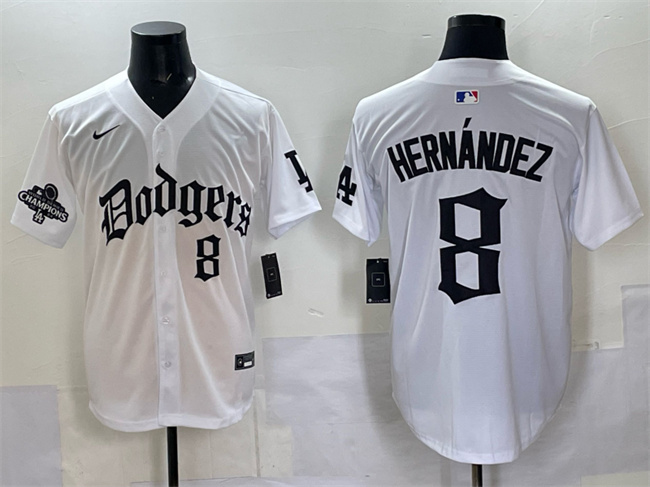 Men's Los Angeles Dodgers #8 Enrique Hernández White 2025 LA Gothic Style With 2024 World Series Champions Patch Vapor Premier Limited Stitched Baseball Jersey