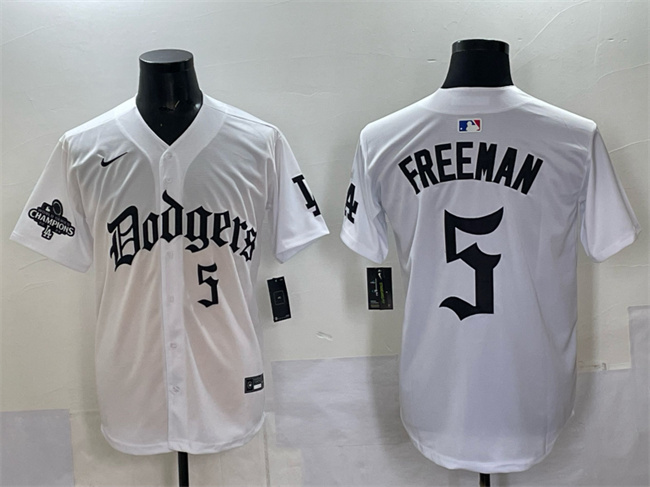 Men's Los Angeles Dodgers #5 Freddie Freeman White 2025 LA Gothic Style With 2024 World Series Champions Patch Vapor Premier Limited Stitched Baseball Jersey