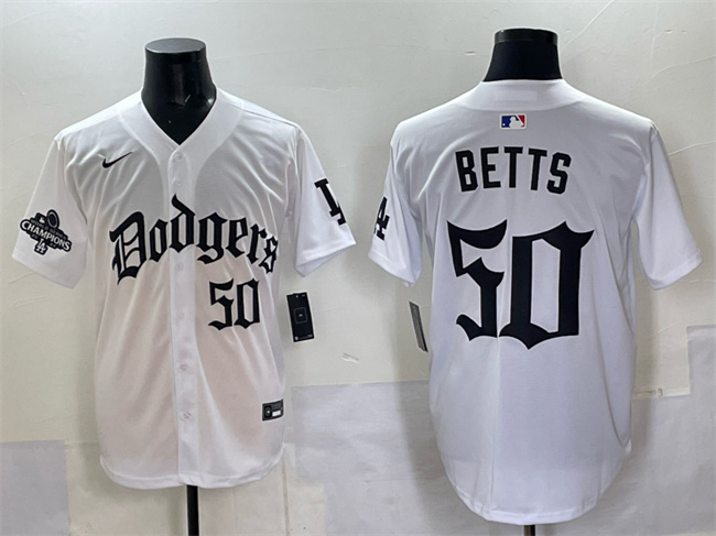 Men's Los Angeles Dodgers #50 Mookie Betts White 2025 LA Gothic Style With 2024 World Series Champions Patch Vapor Premier Limited Stitched Baseball Jersey