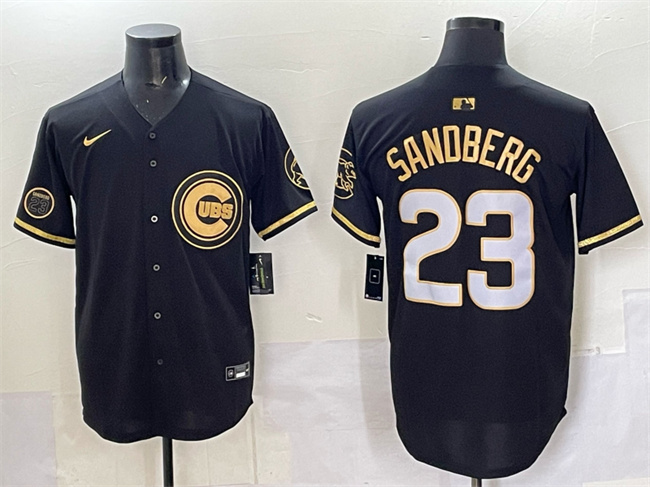 Men's Chicago Cubs #23 Ryne Sandberg Black Gold 'Ryne Sandberg Tribute' Vapor Limited V2 Stitched Baseball Jersey