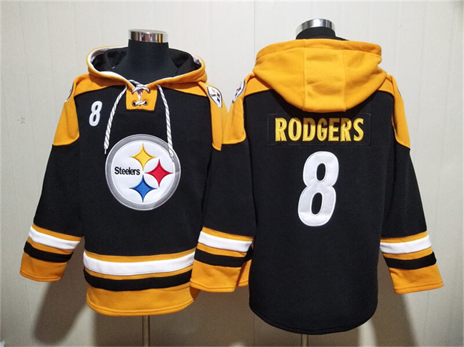 Men's Pittsburgh Steelers #8 Aaron Rodgers Black Ageless Must-Have Lace-Up Pullover Hoodie